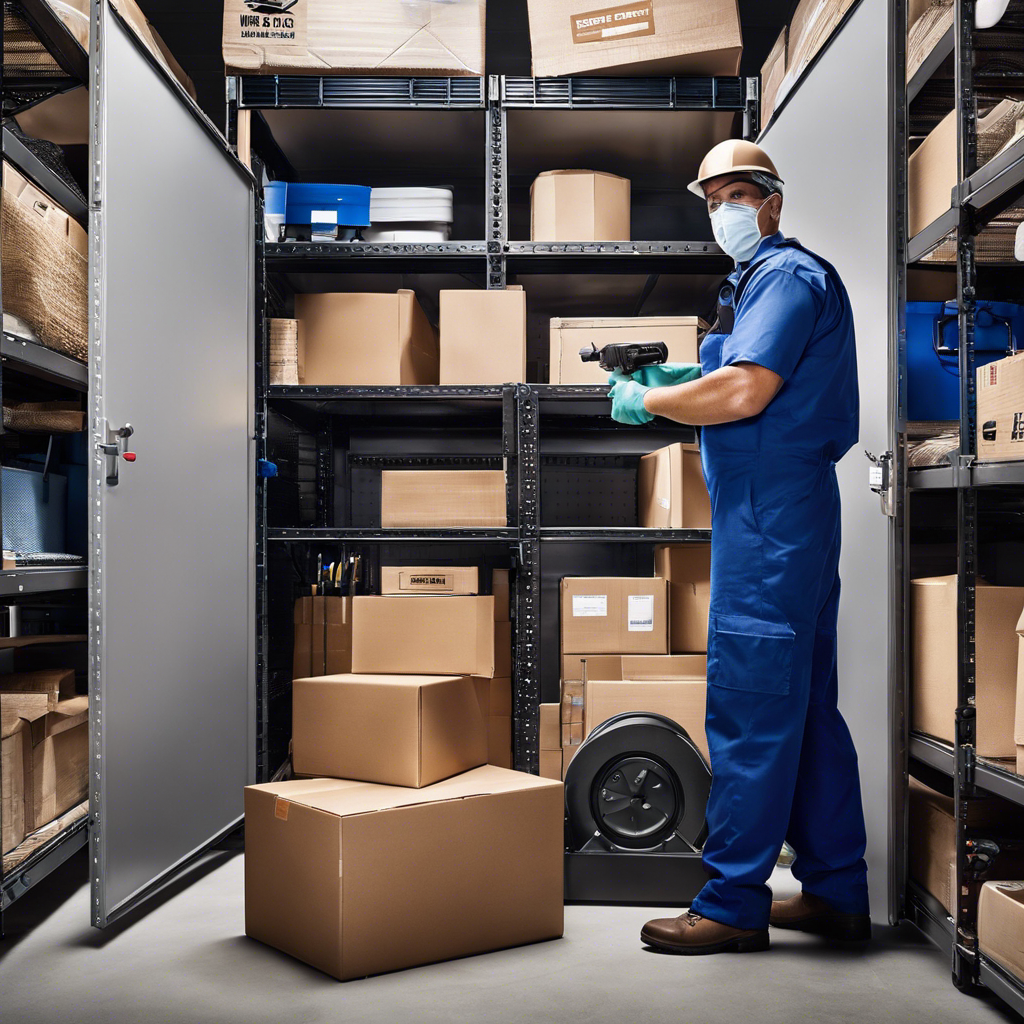 An image showcasing a clean and well-organized storage unit, stacked with boxes labeled "fragile" and "valuable," while a professional pest control technician inspects the premises, armed with protective gear and specialized equipment