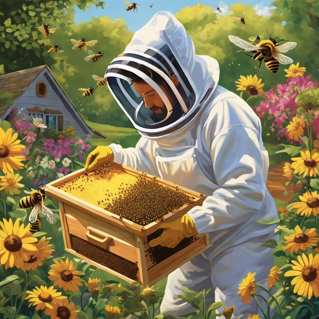 An image of a skilled beekeeper, wearing a protective suit and gently removing a swarm of buzzing bees from a vibrant garden, while the homeowner watches with relief and gratitude, ensuring a safe environment for all