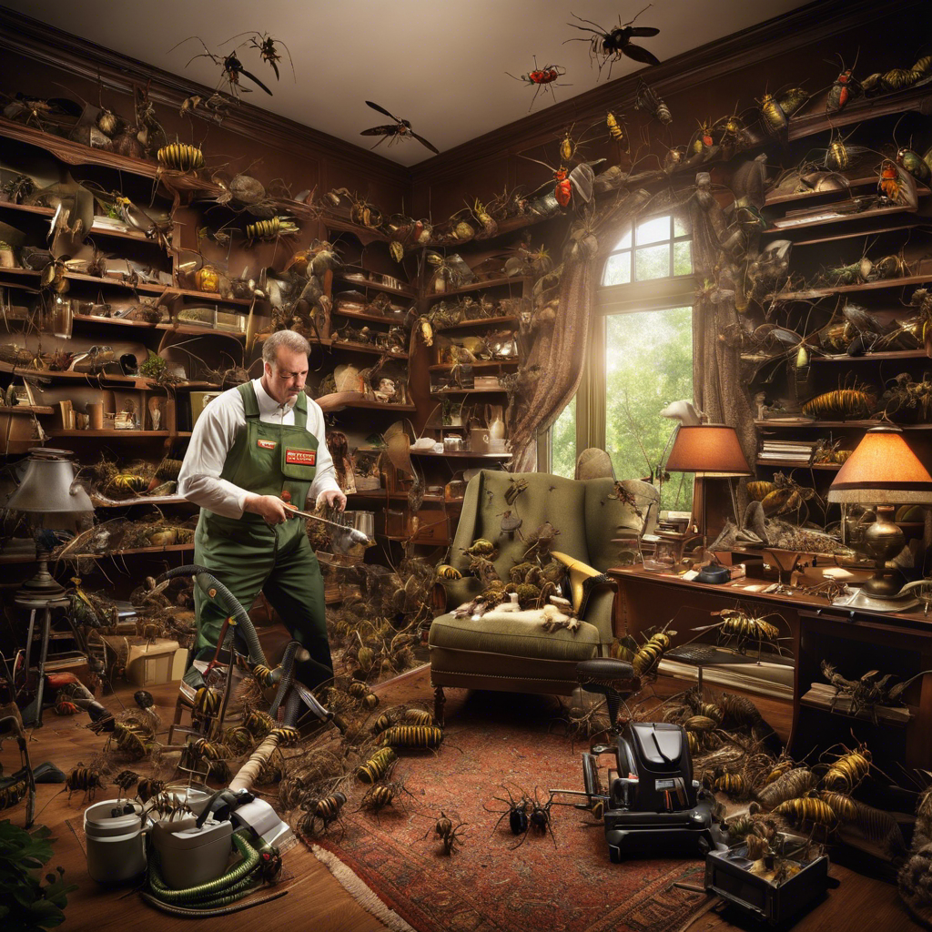 An image showcasing a cluttered home infested with pests, with a DIY enthusiast struggling to combat them using various ineffective methods, while a professional pest control expert effortlessly eliminates the pests using advanced equipment and techniques