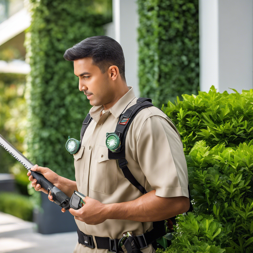 An image showcasing a modern apartment complex surrounded by lush greenery, with a skilled pest control technician in uniform inspecting the premises