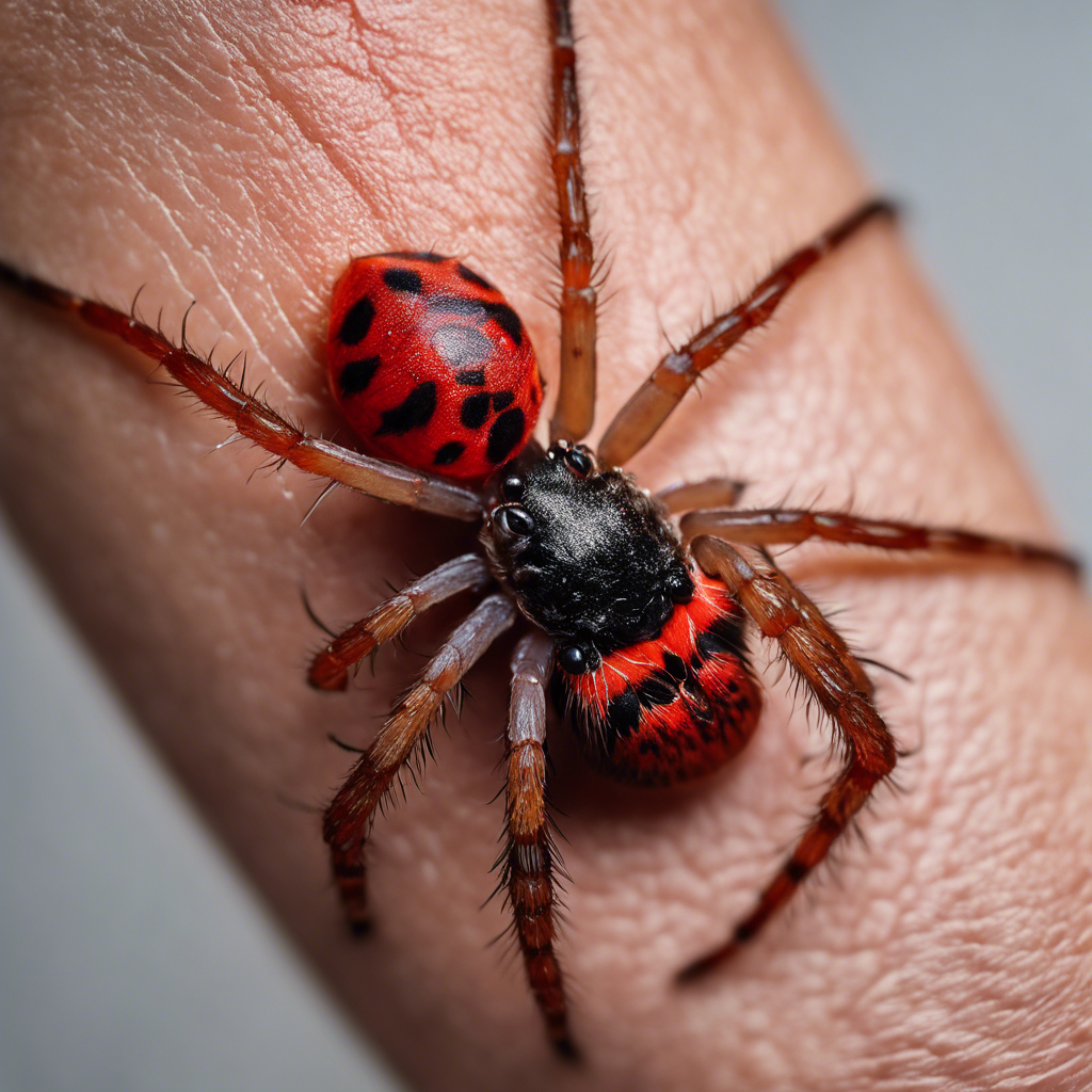  an image of a close-up shot of a person's forearm, showcasing a red, swollen spider bite with distinct fang marks, surrounded by inflamed skin, highlighting the urgency of understanding and treating spider bites