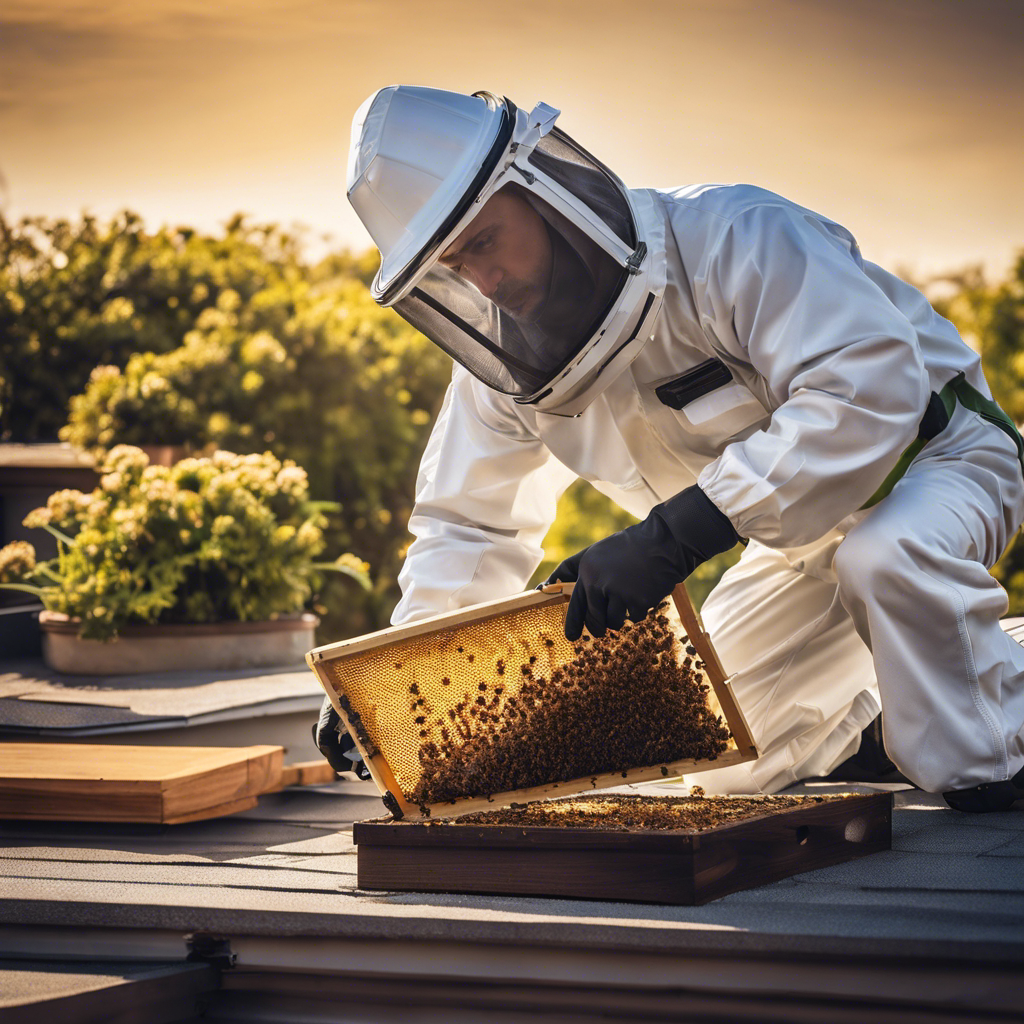 An image showcasing a professional pest control technician wearing protective gear, carefully removing a beehive from a rooftop