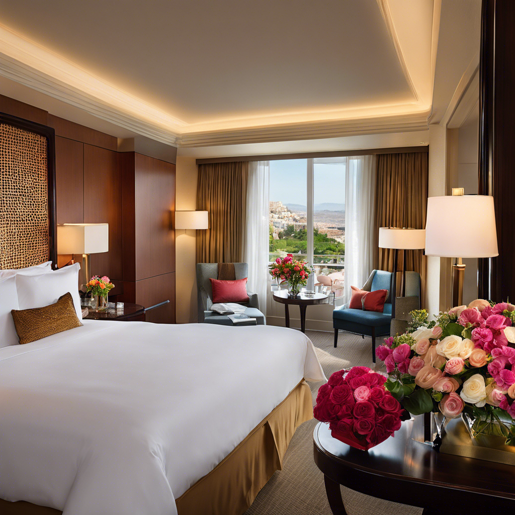 An image showcasing a luxurious hotel room adorned with tastefully arranged fresh flowers, while outside the window, a pest control technician discreetly applies non-toxic treatments to maintain the impeccable standards of St