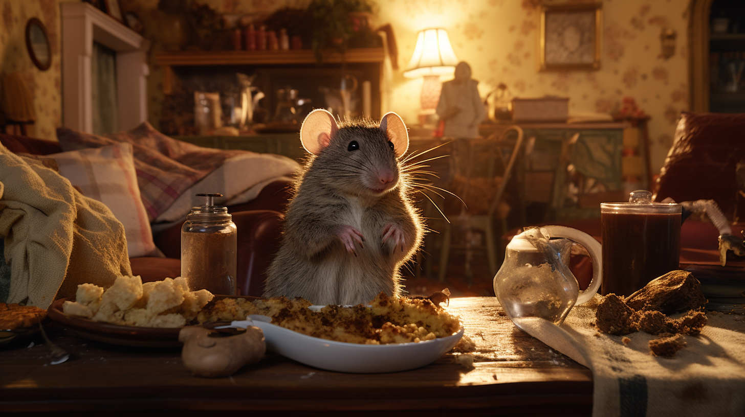 A mouse standing on a table inside of a St george home, looking at a plate of stuffing that has been left out.