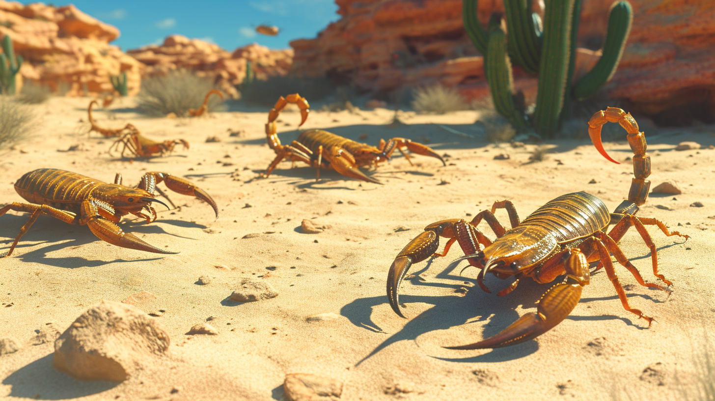 A pack of scorpions, vibrant and detailed, scuttling across a sunbaked desert, surrounded by small, rugged rocks and scattered cactuses in the background.