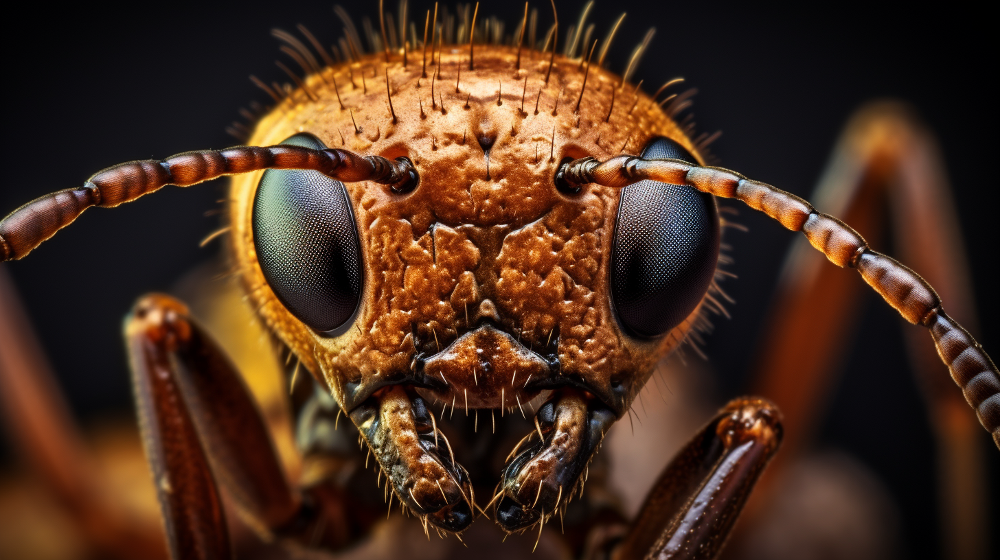A close up of a ants face, the face has wrinkles and the ants pinchers are showing.