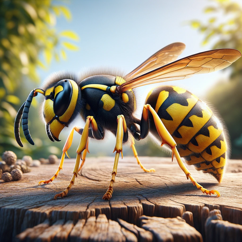 image depicting a wasp in a more natural and realistic manner, set in a garden or natural outdoor environment.