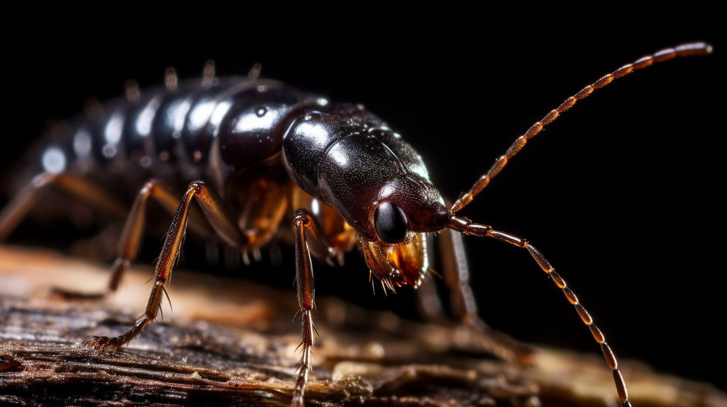 A image of a earwig standing on a piece of wood