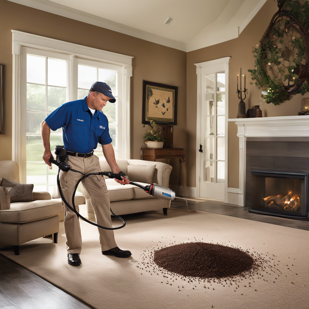 An image showcasing a close-up shot of a St George homeowner confidently using natural ant repellents, while in the background, a professional exterminator in a branded uniform assesses the ant infestation with advanced equipment