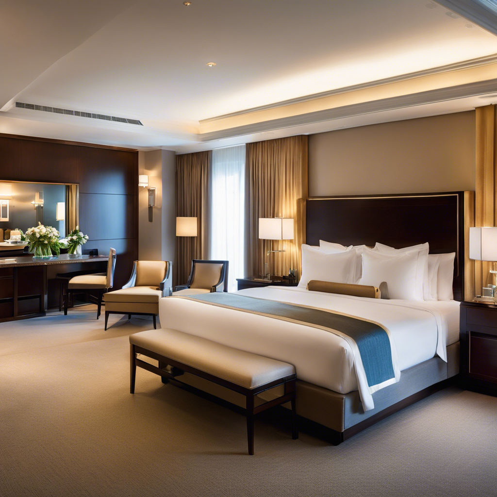 An image showcasing a pristine, elegant hotel room with a luxurious bed and sparkling clean surfaces