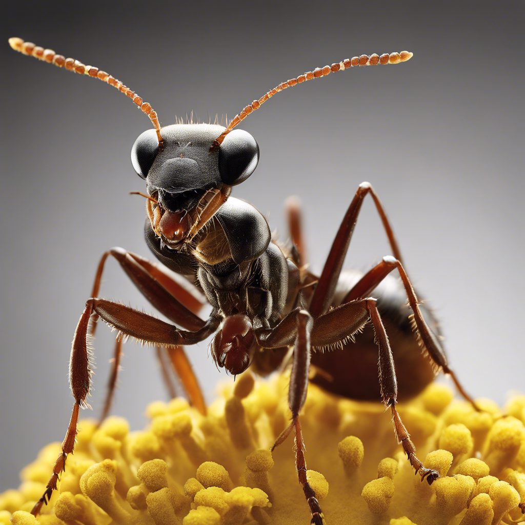 An image showcasing a close-up of an ant carrying a crumb coated in pollen, depicting the intricate relationship between ants, allergies, and the potential health risks they pose in St