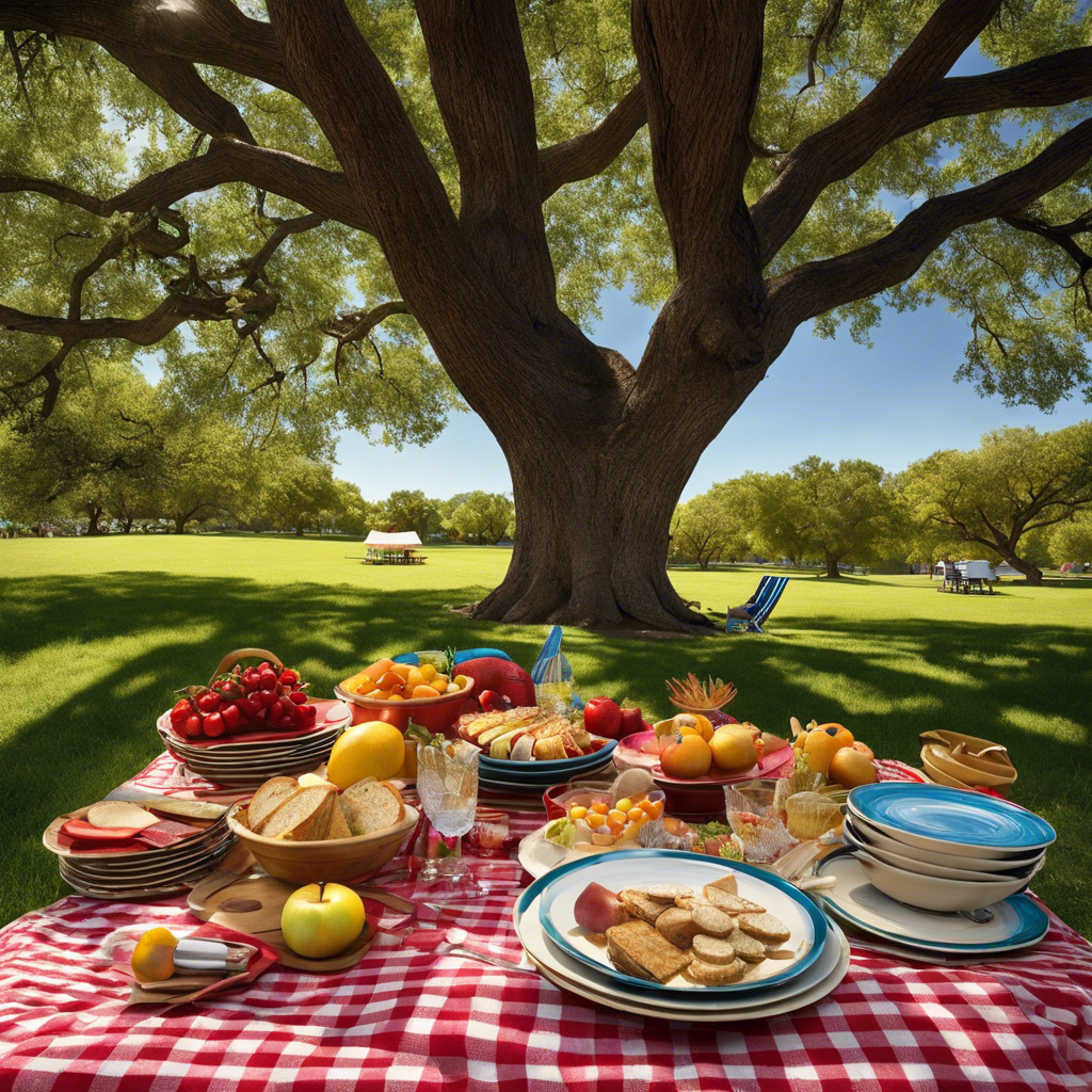 An image that captures the essence of a perfect picnic in St George parks – a vibrant checkered blanket spread out under a shady tree, surrounded by colorful plates of food, while a trail of ants veers away from the scene