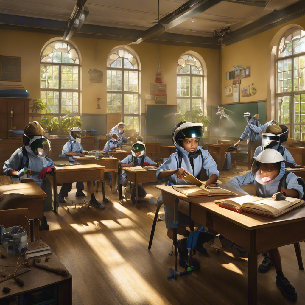 An image capturing a classroom scene with students engaged in learning, while a group of diligent exterminators in protective gear meticulously eliminate an ant infestation, ensuring a secure and hygienic environment for education