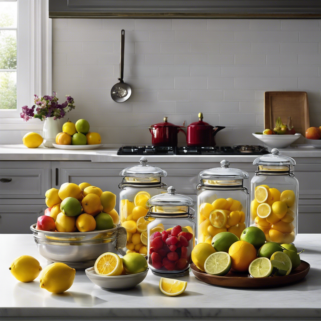 An image depicting a pristine kitchen with sealed containers, a sparkling clean countertop, and neatly stacked fruits, as ants are deterred by lemon slices placed strategically around the room