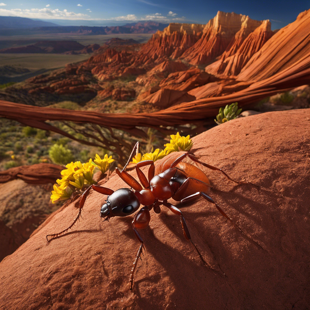 An image showcasing the diverse ant species of Utah, capturing the intricate patterns of their trails, the vibrant colors of their exoskeletons, and the contrasting landscapes they inhabit, from red rock formations to lush green forests