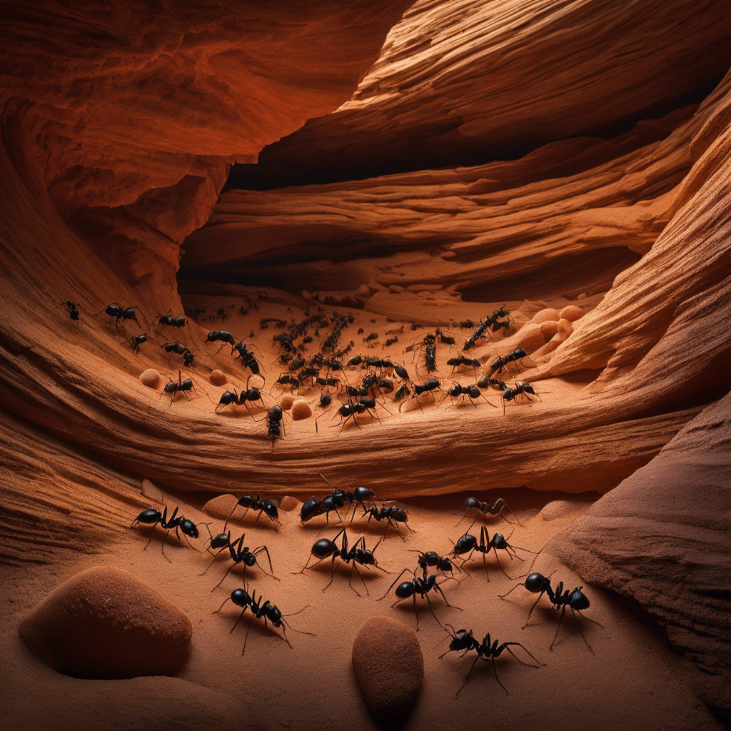 An image capturing the bustling world of Utah's ants: an intricate network of tiny tunnels, ants carrying food with precision, and a diverse array of ant species, all thriving amidst the picturesque backdrop of Utah's unique landscape