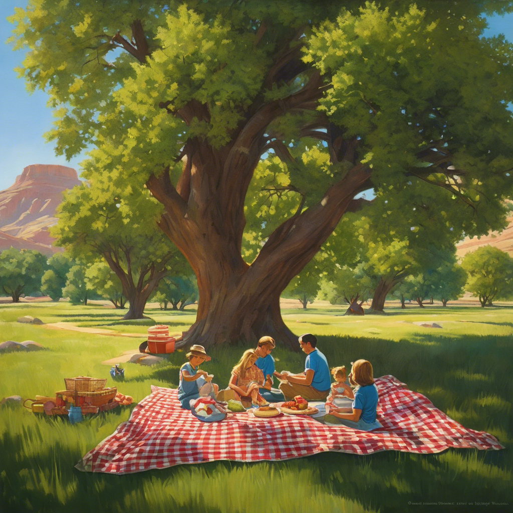 An image showcasing a serene Utah park scene, with a family picnicking on a checkered blanket under a shady tree, while nearby, ants traverse a neatly lined trail of sugar leading away from the area