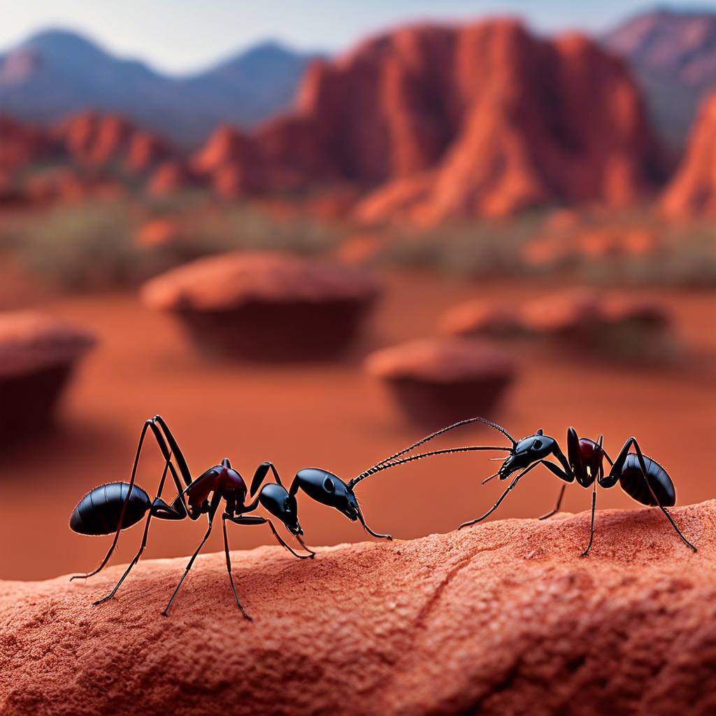 An image showcasing an intricate colony of red harvester ants, diligently collecting seeds against the backdrop of St George's unique red rock formations, capturing the essence of the most prevalent ant species in the region