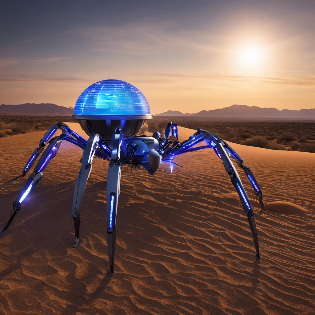 An image featuring a robotic spider catcher with UV light technology amidst a desert landscape, highlighting solar panels and smart homes in the background, demonstrating advanced spider control in St