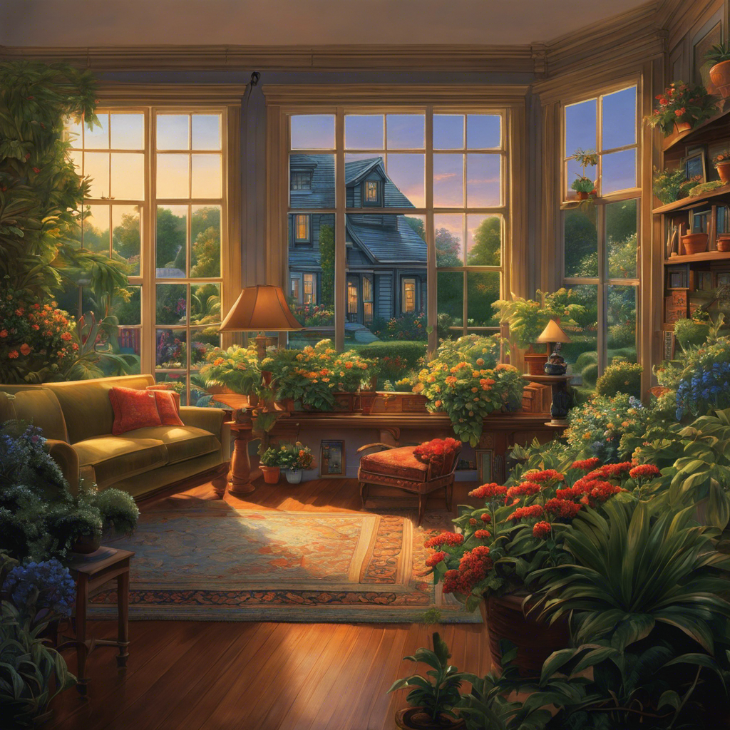 Ate a divided scene contrasting a cozy, well-lit living room with potted plants (left) and a garden scene featuring a house exterior with bushes (right), each side showing a person using different tools to deter spiders