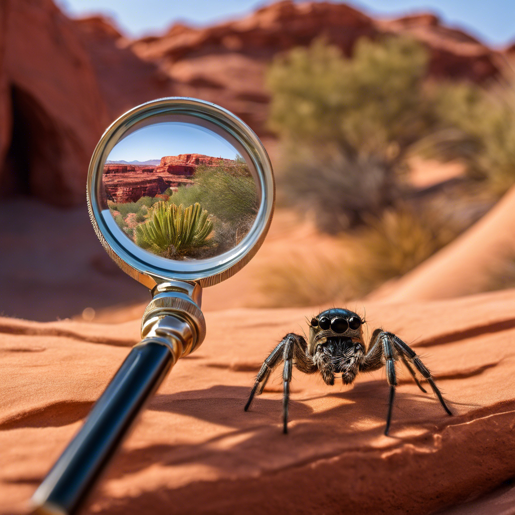 Ate a magnifying glass focusing on a small spider on a web in a sunny, desert-like backyard of a home in St