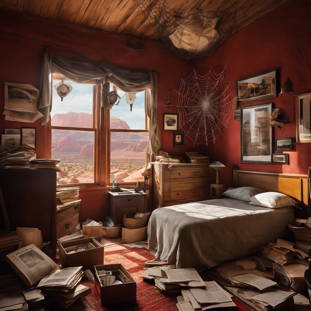 An image showing a cluttered room corner with boxes, old newspapers, and a spider web in the corner housing several spiders, with the red rocks of St