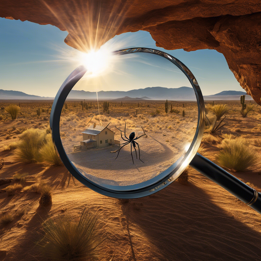 An image of a magnifying glass focusing on a spider on a web in a desert landscape, with a house in the background under the sunny sky of St